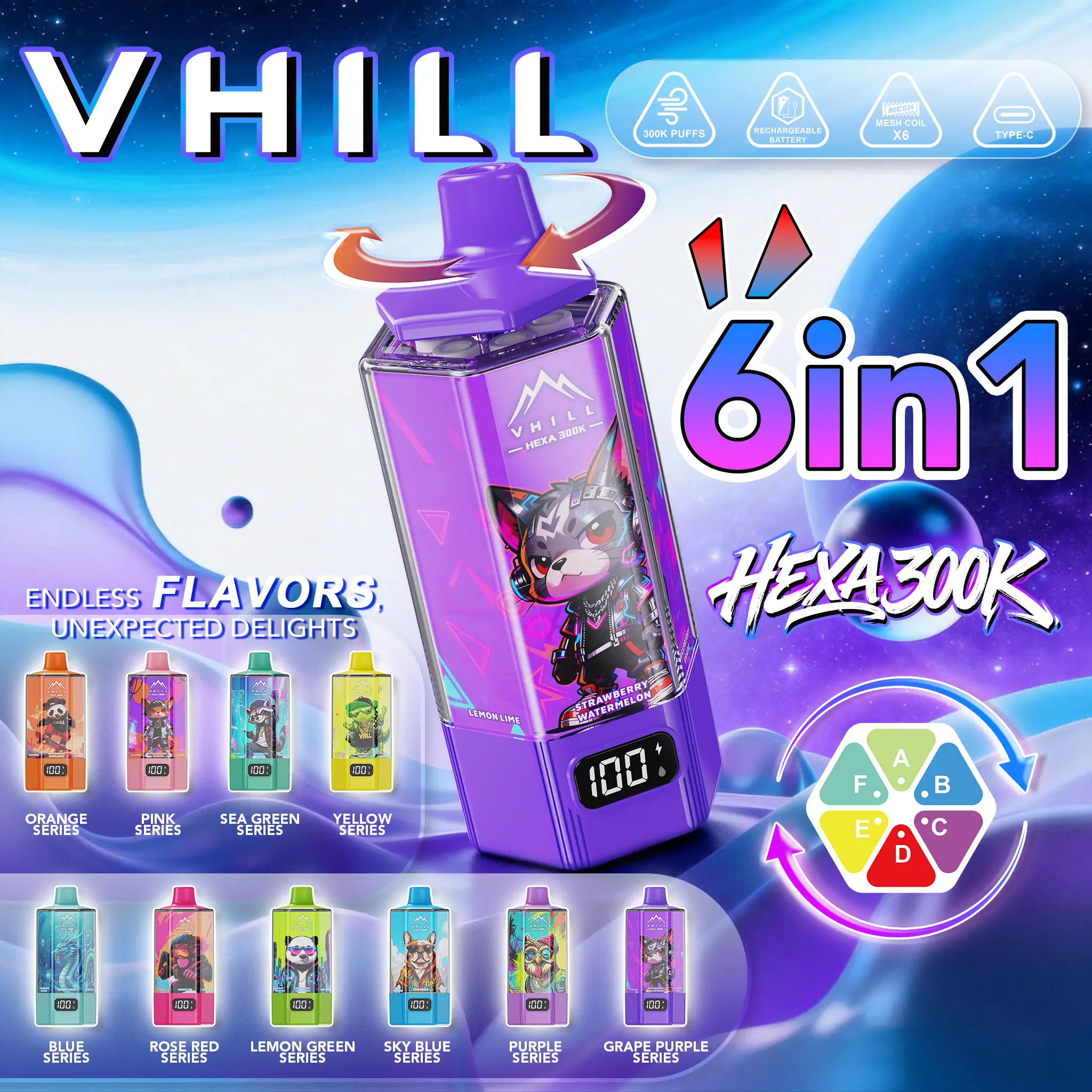 VHILL HEXA 300K Vape – 300.000 Züge 6-in-1 Einweg E-Zigarette mit Smart Display – Bild 3