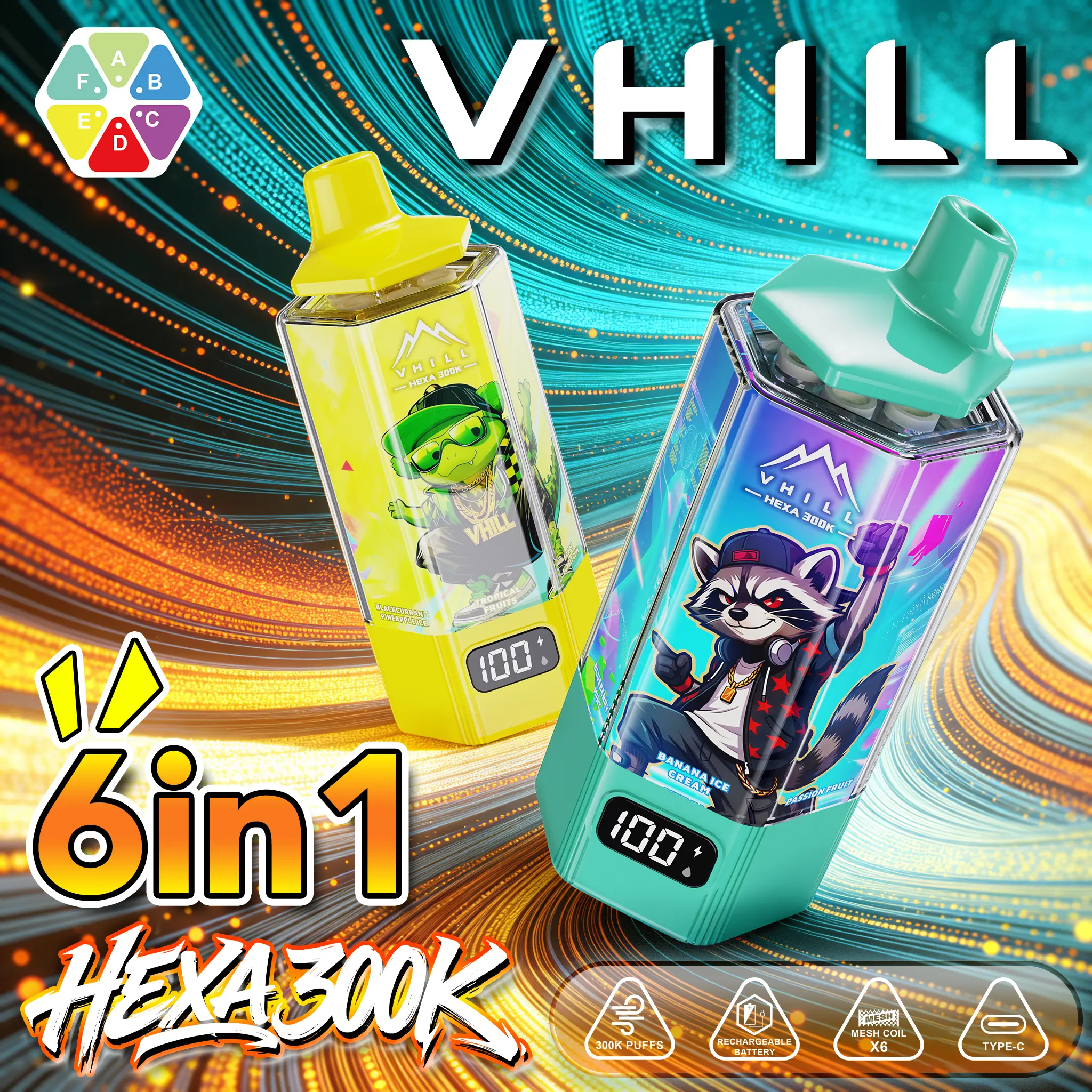 VHILL HEXA 300K Vape – 300.000 Züge 6-in-1 Einweg E-Zigarette mit Smart Display