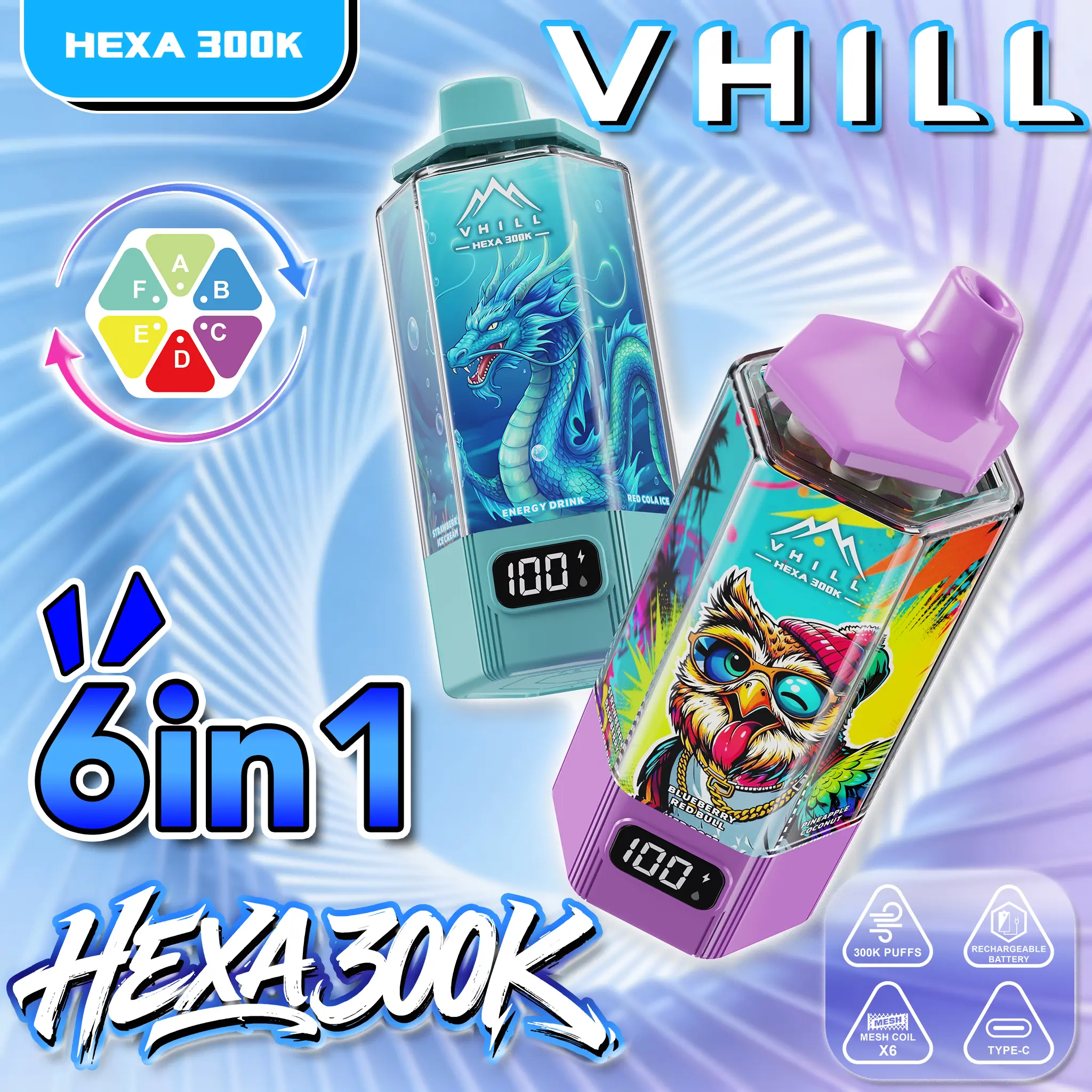 VHILL HEXA 300K Vape – 300.000 Züge 6-in-1 Einweg E-Zigarette mit Smart Display – Bild 2