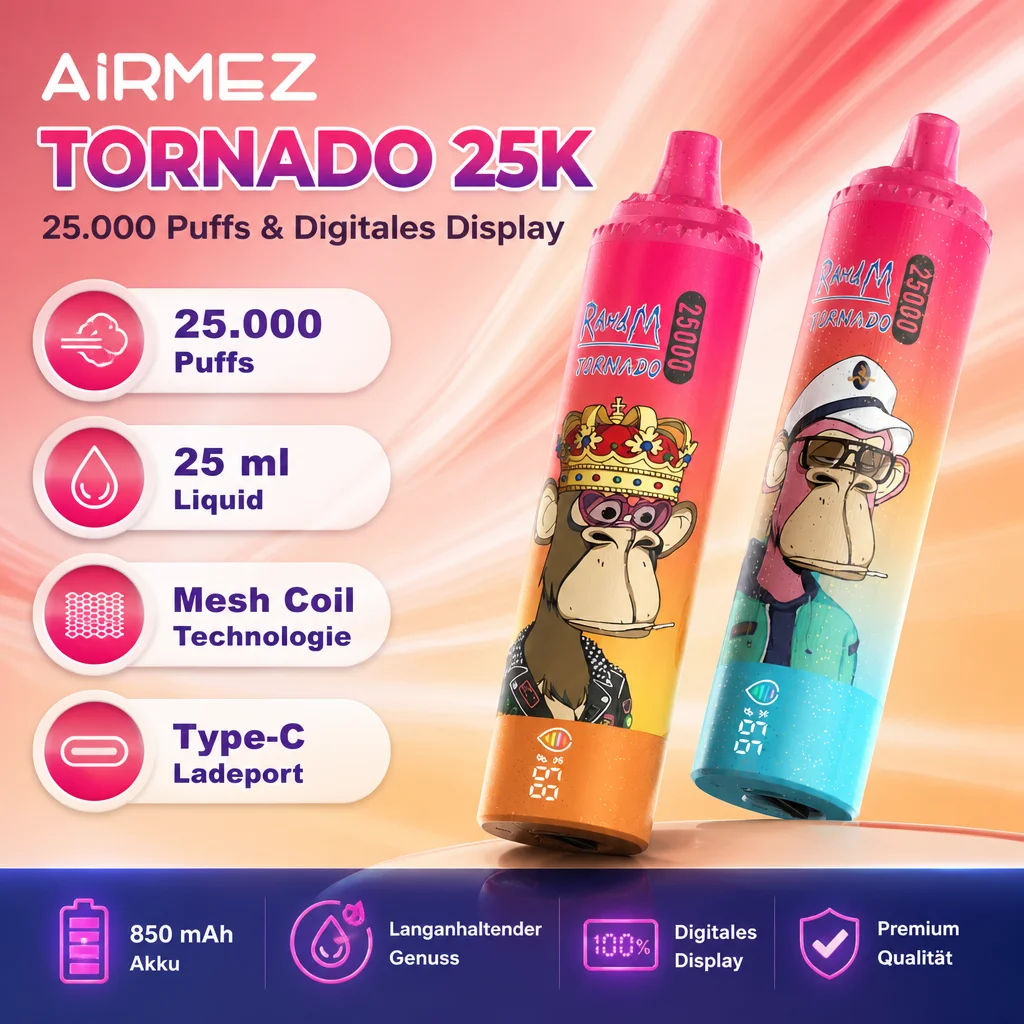 AIRMEZ TORNADO 25K: Leistungsstarker Tornado-Vape mit 25.000 Zügen